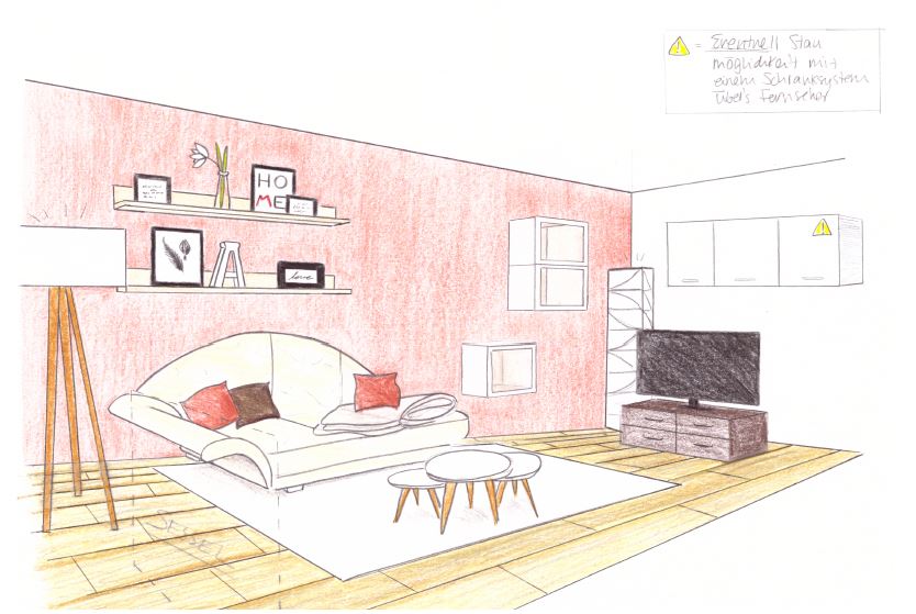 Skizze VISUAL BUHO rote Wand und Wohnbereich