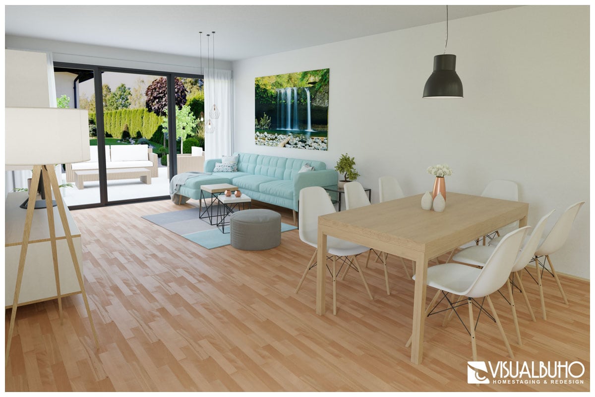 3D Home Staging Wohnzimmer Terrasse Skandinavisch
