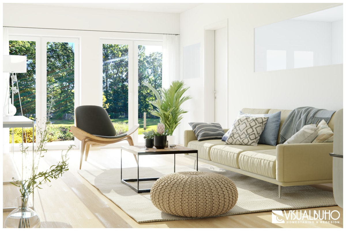 3D Home Staging Wohnbereich hell mit Couch und Hocker