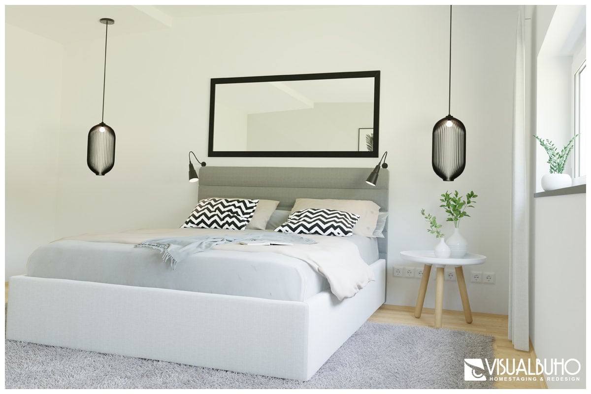 3D Home Staging Schlafzimmer skandinavisch black and white
