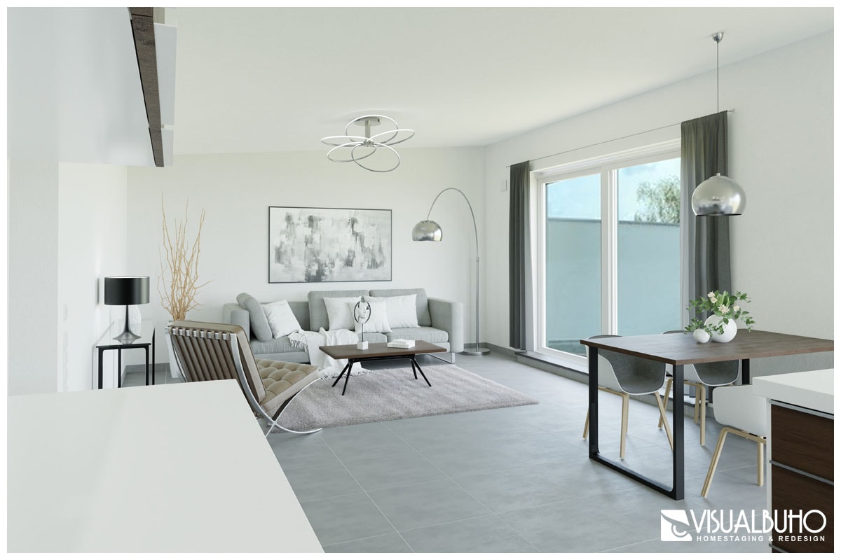 3D Home Staging Wohnbereich modern grau