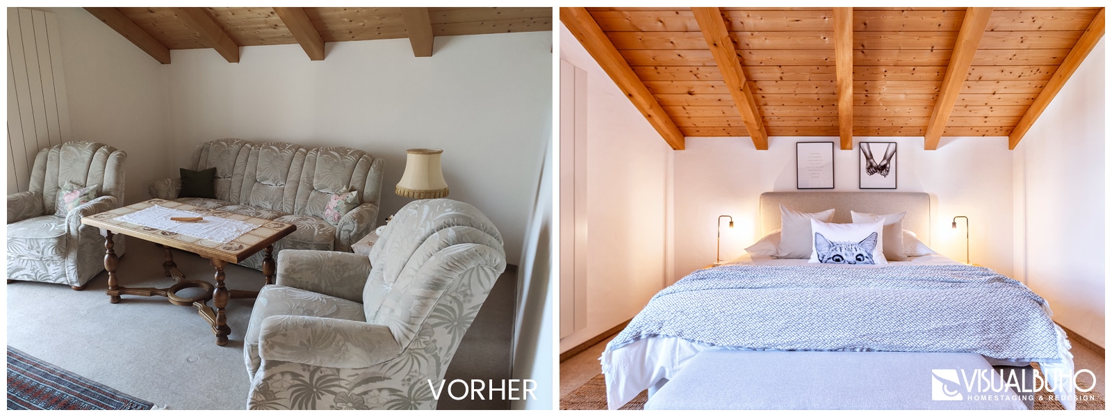 Schlafzimmer Bett mit Katzenkissen Ferienhaus Lechbruck Vergleichsbild
