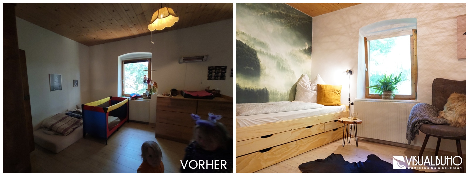 Schlafzimmer mit Waldtapete Ferienwohnung Vergleichsbild