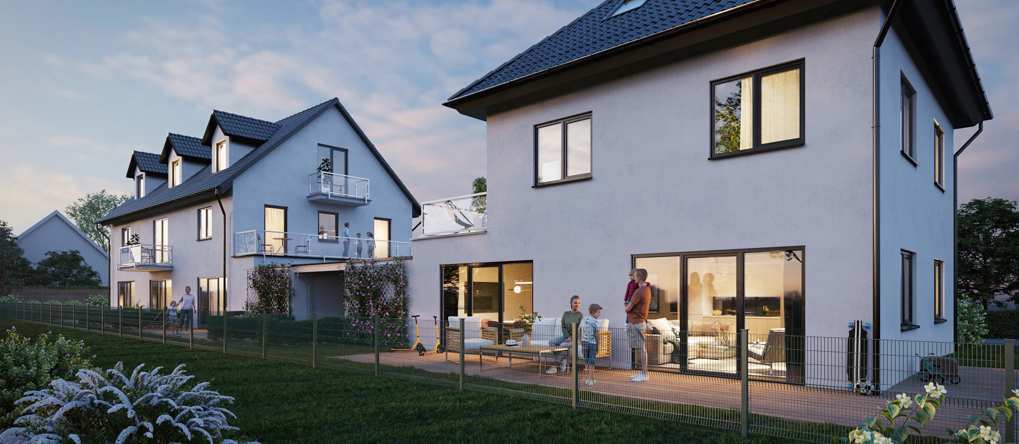 Außenvisualisierung eines Münchner Einfamilienhauses bei Nacht
